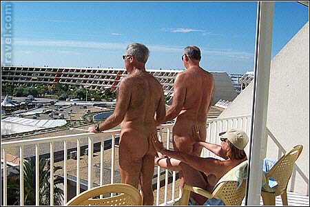 naked friends on balcony