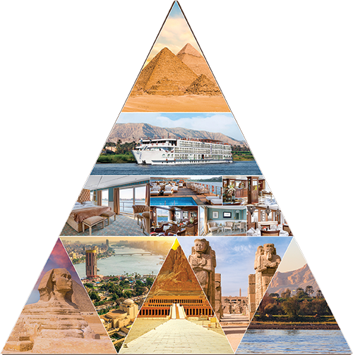 A pyramid with pictures of various places including the pyramids