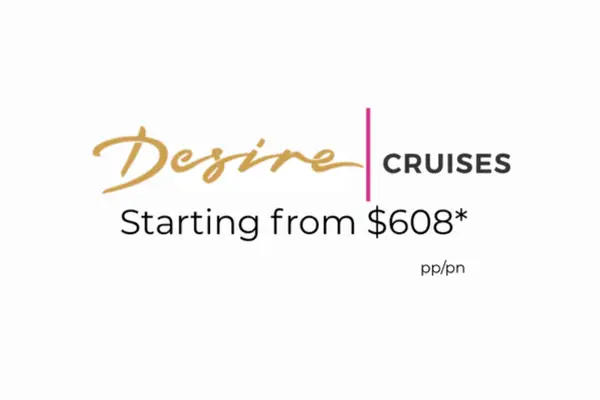 Logo for Desire Cruises lifestyle travel, starting from $608 per person