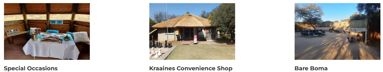 SunEden Resort in South Africa featuring facilities for special occasions, the Kraines convenience shop, and the Bare Boma outdoor gathering area designed for nude or naturist guests.