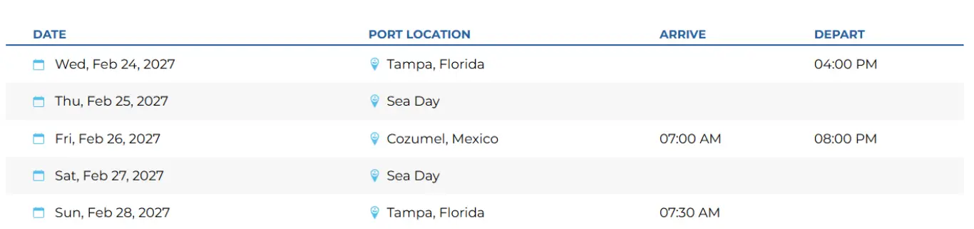 Bliss Cruise Lifestyle Travel February 2027 itinerary showing ports including Tampa and Cozumel with sea days and arrival and departure times