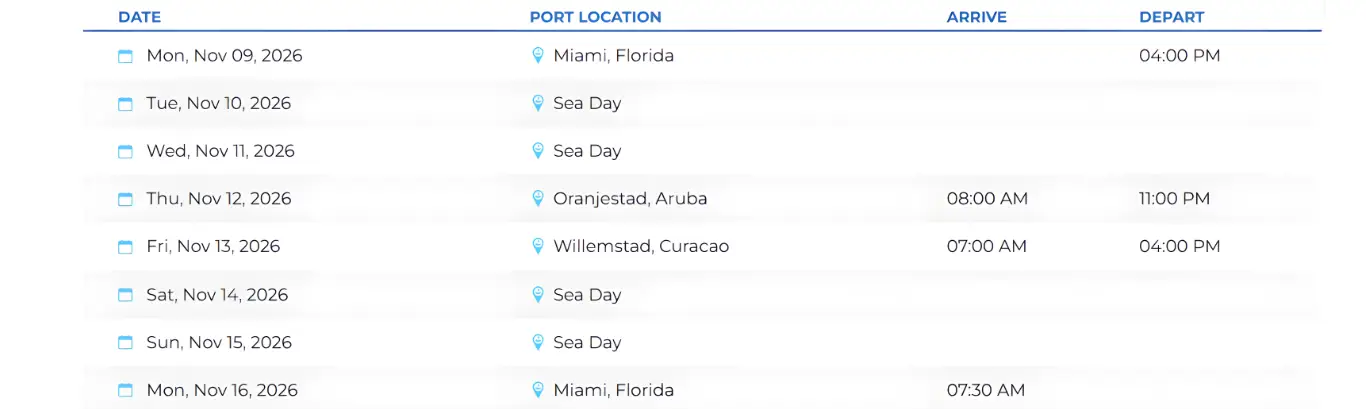 Bliss Cruise Lifestyle Travel November 2026 itinerary showing ports including Miami Aruba and Curacao with sea days and arrival and departure times