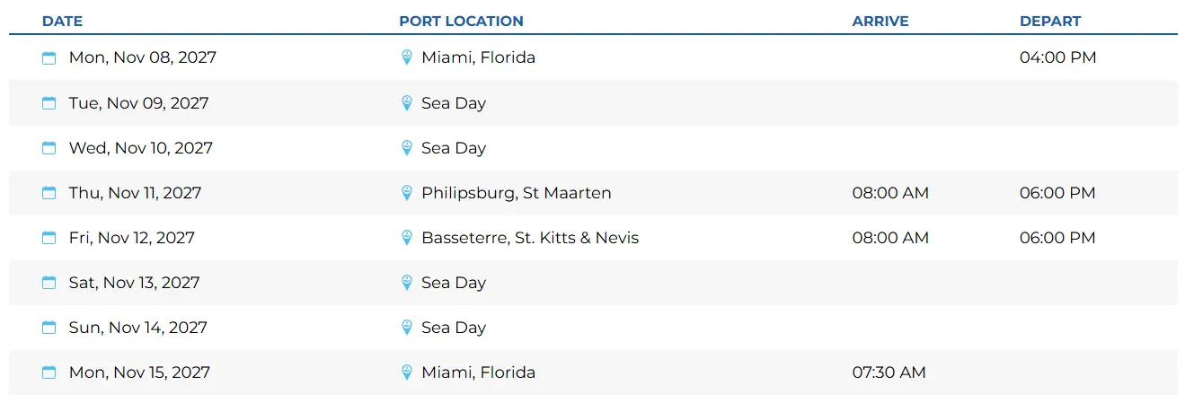 Itinerary for the Bliss Cruise November 2027 sailing roundtrip from Miami with stops in St. Maarten and St. Kitts & Nevis, designed for swinger cruise couples only seeking an adults-only Caribbean adventure.