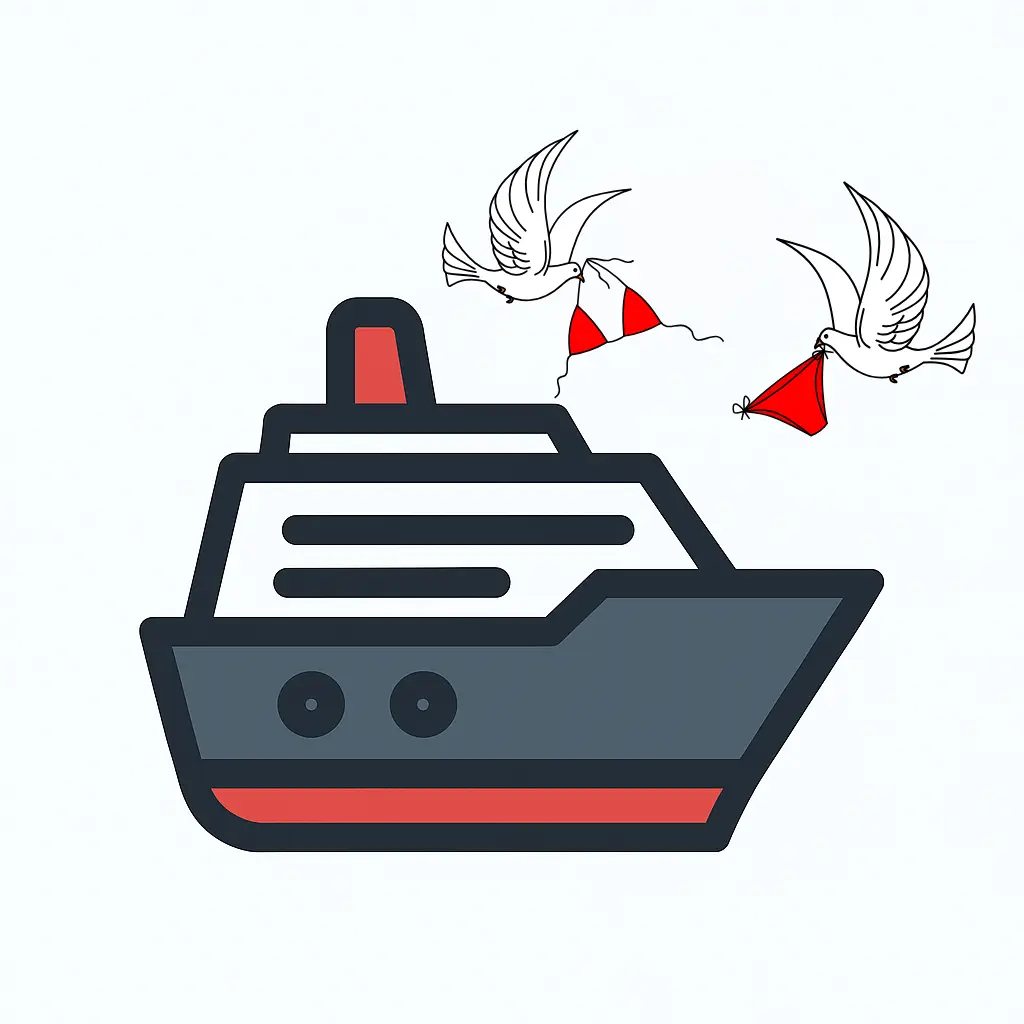 Illustration of a cruise ship with two white birds carrying a red bikini, symbolizing clothing-optional swinger and nude cruises with Castaways Travel