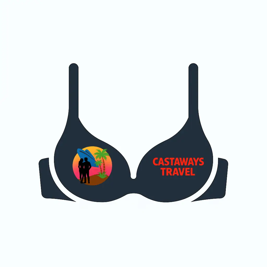 Illustration of a dark bra with the Castaways Travel logo and a tropical couple silhouette, representing support and lifestyle travel expertise
