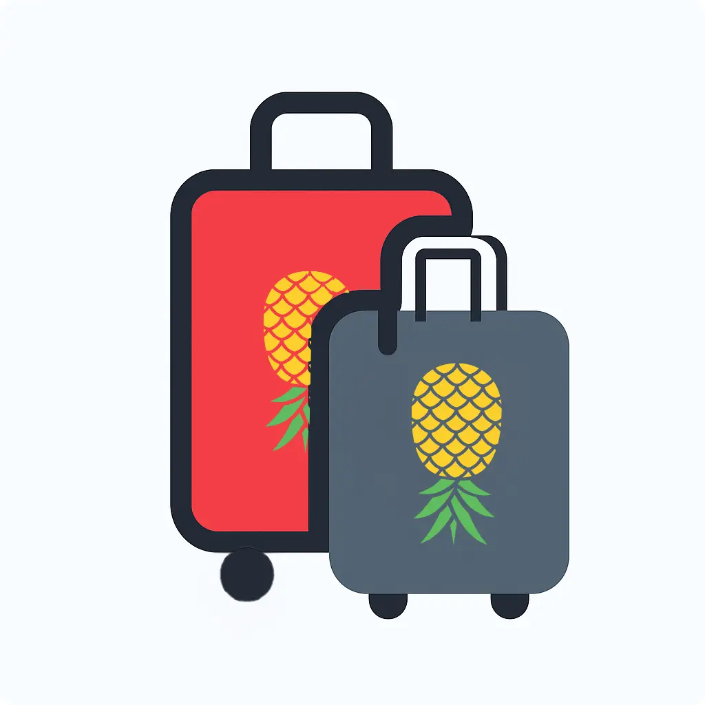 Illustration of two rolling suitcases with yellow pineapples, symbolizing swinger and clothing-optional travel planning with Castaways Travel