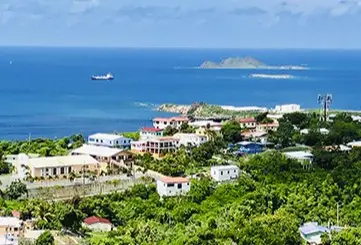 Aerial view of Charlotte Amalie St. Thomas with turquoise waters and hillside homes