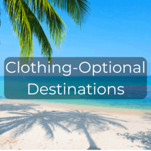 Tropical beach scene promoting clothing-optional adults-only swinger travel destinations