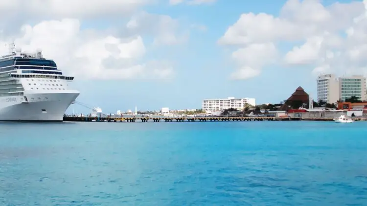 Cruise ship docked in Cozumel Mexico with turquoise water and San Miguel waterfront, a port of call on Bliss Cruise Celebrity Silhouette April 2026