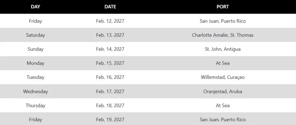 Cruise itinerary table for Desire West Indies sailing February 12 to 19, 2027 listing San Juan, Charlotte Amalie, St. John, Willemstad, Oranjestad, and sea days