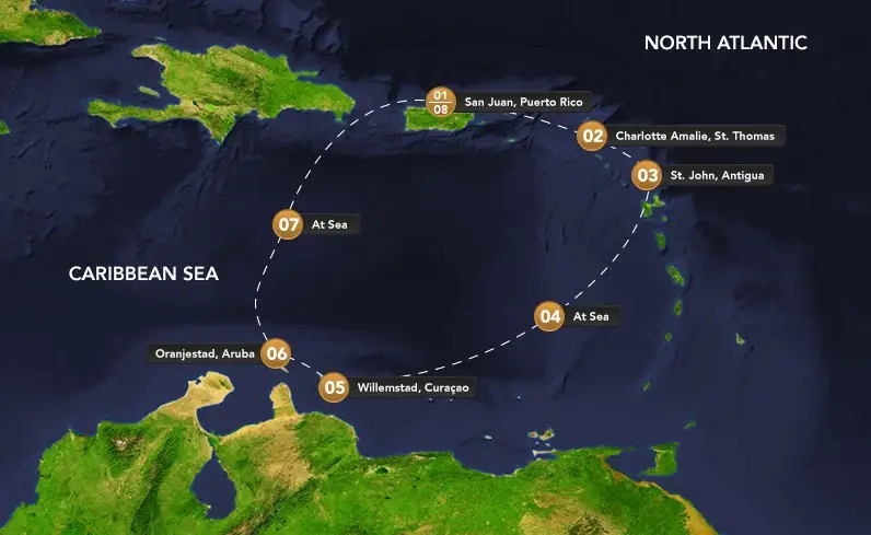 Map of Desire Cruises West Indies itinerary showing route from San Juan to St. Thomas, Antigua, Willemstad, Oranjestad, and sea days
