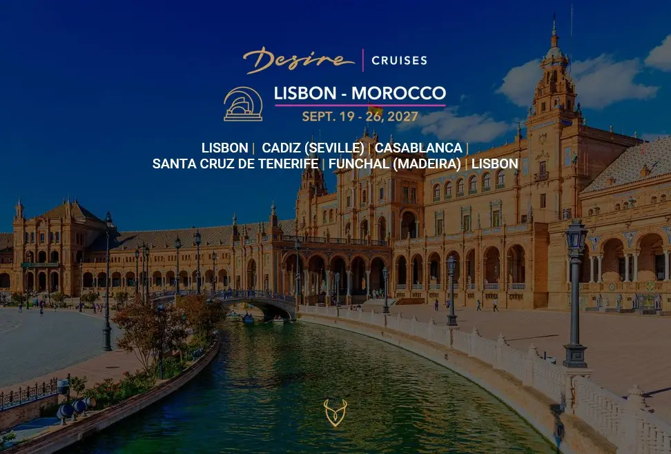 Desire Cruises Lisbon to Morocco banner with Plaza de España scene and dates September 19 to 26 2027
