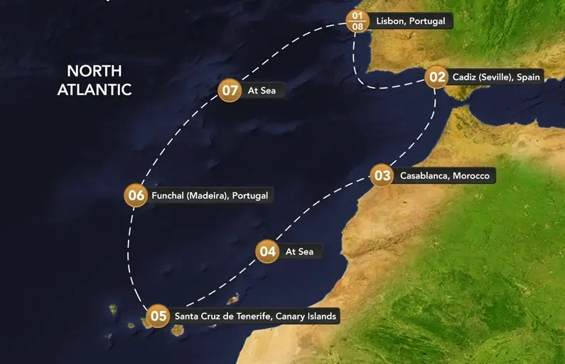 Route map from Lisbon to Cadiz Casablanca Santa Cruz de Tenerife Funchal then back to Lisbon with two sea days