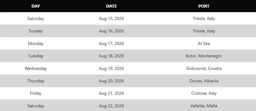 Day by day schedule for Desire Seductive Mediterranean 2026 cruise showing dates and ports of call from Trieste to Valletta