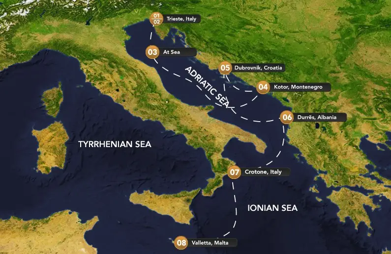 Cruise map showing the Desire Seductive Mediterranean 2026 route through Trieste, Kotor, Dubrovnik, Durrës, Crotone, and Valletta