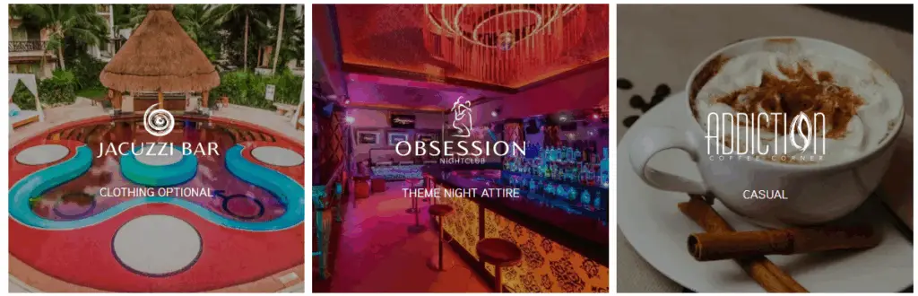 Vibrant nightlife and bar scene at Desire Pearl featuring the clothing-optional Jacuzzi Bar, Obsession Nightclub, and Addiction Coffee Corner, couples only all inclusive resort in Riviera Maya