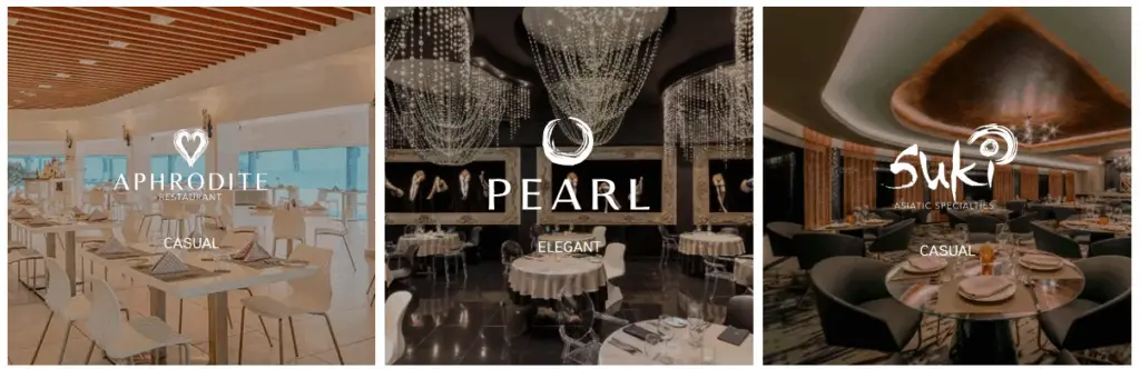 Elegant dining options at Desire Pearl including Aphrodite Restaurant, Pearl Mediterranean, and Suki Asiatic Specialties, couples only all inclusive resort in Riviera Maya