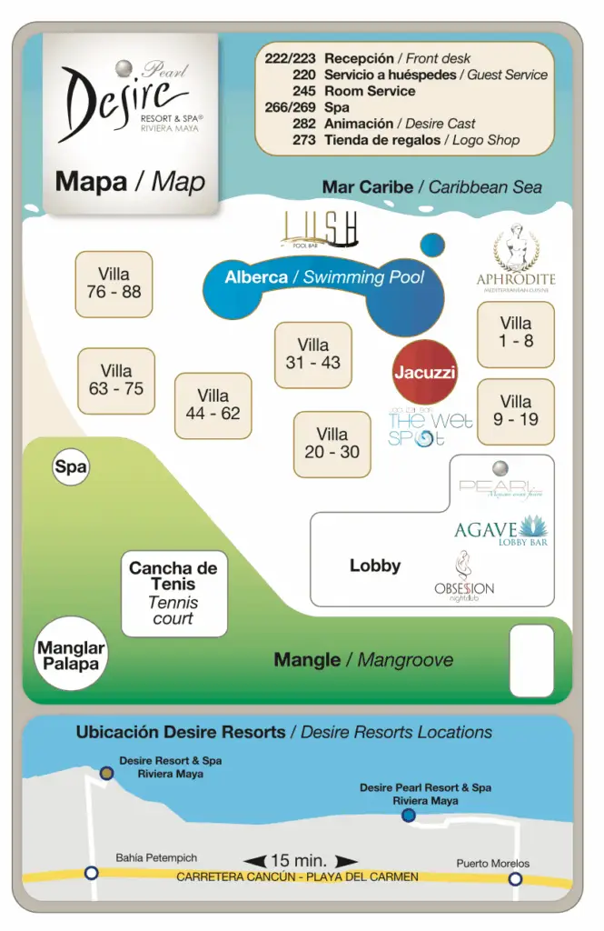 Detailed map of Desire Pearl Riviera Maya Resort showing villas, pool, beach, tennis court, restaurants, Aphrodite Mediterranean Cuisine, Agave Lobby Bar, Obsession Nightclub, and spa areas, adults only couples resort in Puerto Morelos