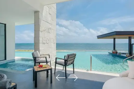 Luxury Desire Suite at Desire Riviera Maya with private swim-up pool, oceanfront terrace, and bar view, couples only all inclusive resort in the Riviera Maya