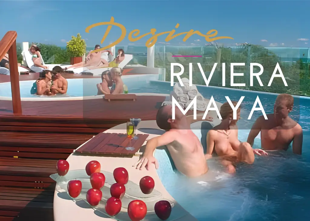 Couples relaxing in the rooftop hot tub at Desire Riviera Maya Resort, an adults-only clothing-optional destination for swinger travel featuring luxury amenities, ocean views, and a sensual, social atmosphere.