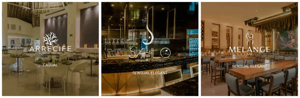Dining venues at Desire Riviera Maya including Arrecife Buffet Restaurant, Sahló Sensual Dining, and Melange Bar, couples only all inclusive resort in the Riviera Maya