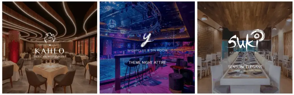 Vibrant nightlife and dining at Desire Riviera Maya featuring Kahlo Mexican Restaurant, Suki Asiatic Specialties, and the Nightclub & Sin Room, couples only all inclusive resort in the Riviera Maya