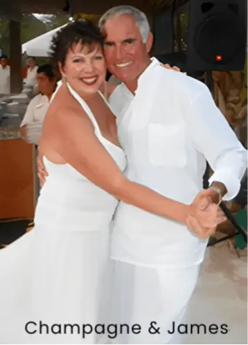 Donna and Jim, founders of Castaways Travel, pioneers in swinger and clothing-optional travel for more than forty years. The couple is smiling and dancing in white attire, representing the welcoming spirit and adventurous legacy behind Castaways Travel’s four decades of lifestyle and couples-only vacations.