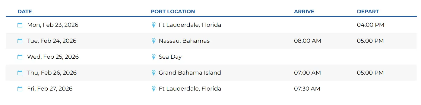 Bliss Cruise Lifestyle Travel February 2027 itinerary showing ports including Tampa and Cozumel with sea days and arrival and departure times