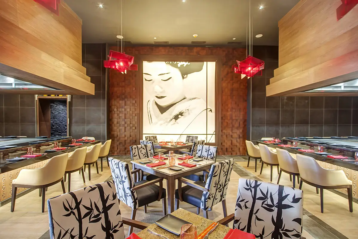 Zen Asian restaurant at Grand Lido Nude Luxury Resort Jamaica with teppanyaki tables and Japanese-inspired decor