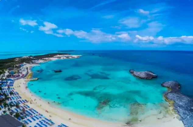 Aerial view of Great Stirrup Cay in the Bahamas with turquoise water and white sand beaches, a tropical highlight of the Temptation Swinger Travel Cruise March 2026 for couples only