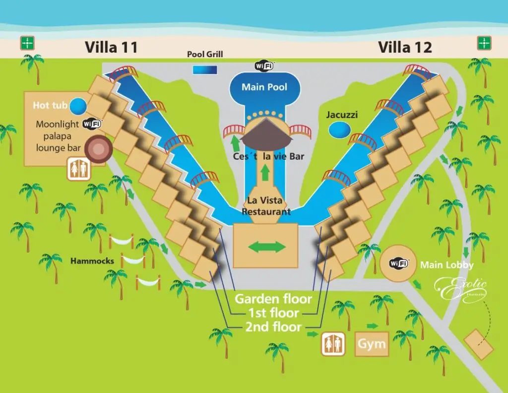 Illustrated map of Hidden Beach Resort showing villas, swim-up pools, hot tubs, and beachfront areas for the nude hotel takeover in Riviera Maya.