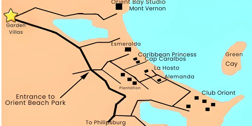 Map of nude-clothing-optional-caribbean resort locations in Saint Martin showing Jardin d’O and Garden Villas near Orient Beach Park. The map highlights nearby resorts including Esmeralda, Caribbean Princess, Cap Caraïbos, and Club Orient, with a gold star marking the Garden Villas location.