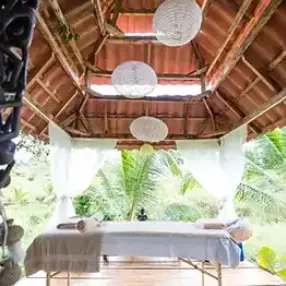 Open-air spa pavilion with massage table surrounded by tropical greenery at a clothing optional resort in Panama