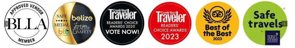 Awards and recognitions earned by Sirenian Bay Resort Belize including Condé Nast Traveler, TripAdvisor Best of the Best 2023, and Safe Travels certification