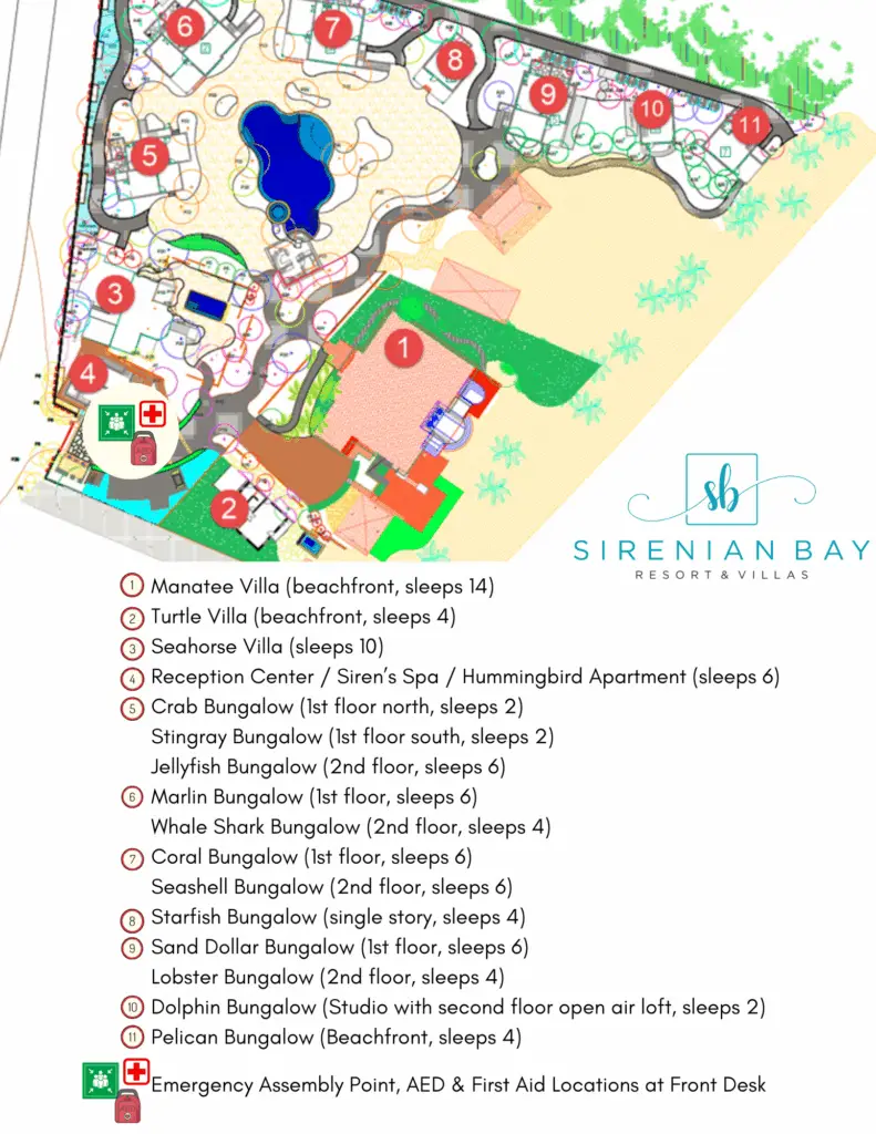 Resort map showing villas and bungalows at Sirenian Bay Resort Placencia Belize for the June 2026 Nude Resort Takeover