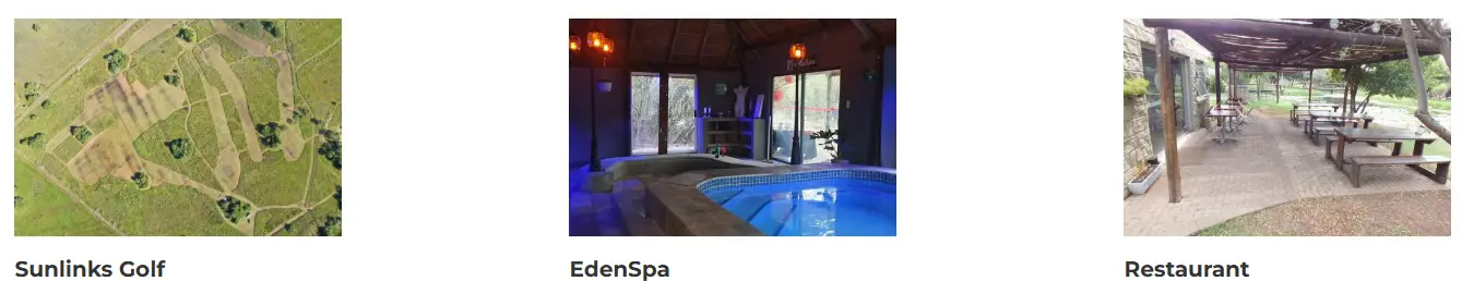 Aerial view of Sunlinks Golf course, the EdenSpa wellness center, and the open-air restaurant at SunEden Resort, a premier nude travel destination in South Africa.