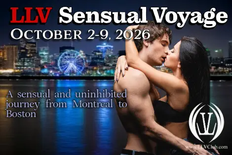 Couple embracing on the waterfront promoting the LLV Sensual Voyage swinger cruise from Montreal to Boston October 2 to 9 2026