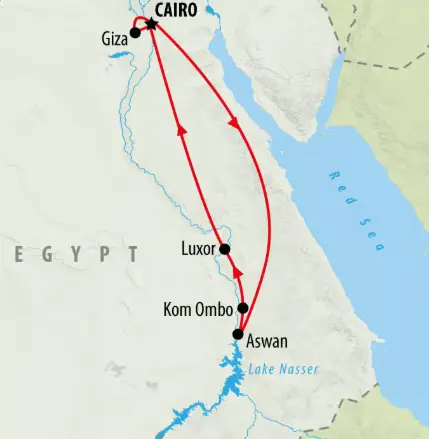 Map of LLV Egyptian Experience swinger cruise 2026 showing route along the Nile River from Giza to Luxor Kom Ombo Aswan and Cairo