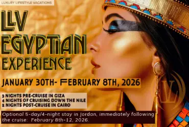 Luxury Lifestyle Vacations Egyptian Experience 2026 promo showing Egyptian woman in gold makeup with cruise dates January 30 to February 8 2026 highlighting the 8-night Nile River swinger cruise from Giza to Cairo