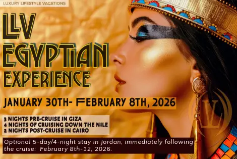 Luxury Lifestyle Vacations Egyptian Experience 2026 promo showing Egyptian woman in gold makeup with cruise dates January 30 to February 8 2026 highlighting the 8-night Nile River swinger cruise from Giza to Cairo