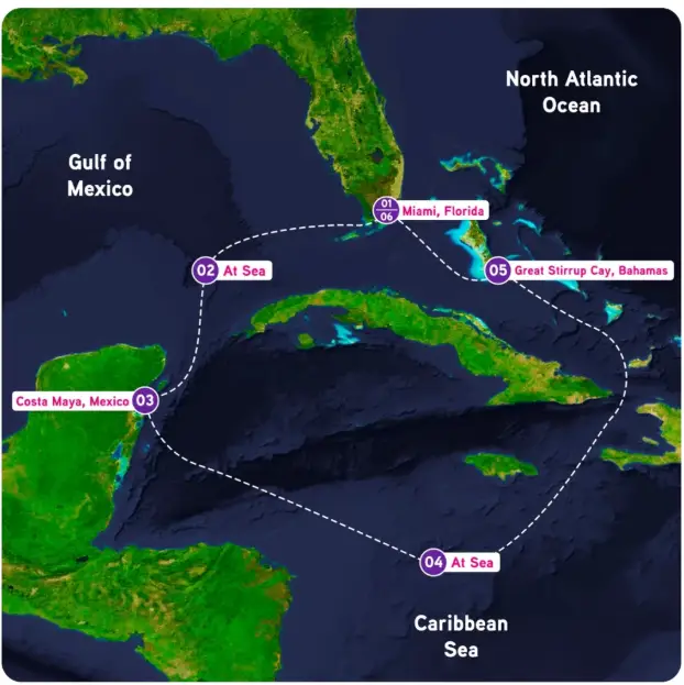 Map showing Temptation Grand Swinger Cruise route from Miami to Costa Maya and Great Stirrup Cay