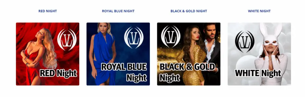 LLV Egyptian Experience 2026 theme nights for couples-only luxury cruise including Red Night, Royal Blue Night, Black and Gold Night, and White Night with LLV and Castaways Travel