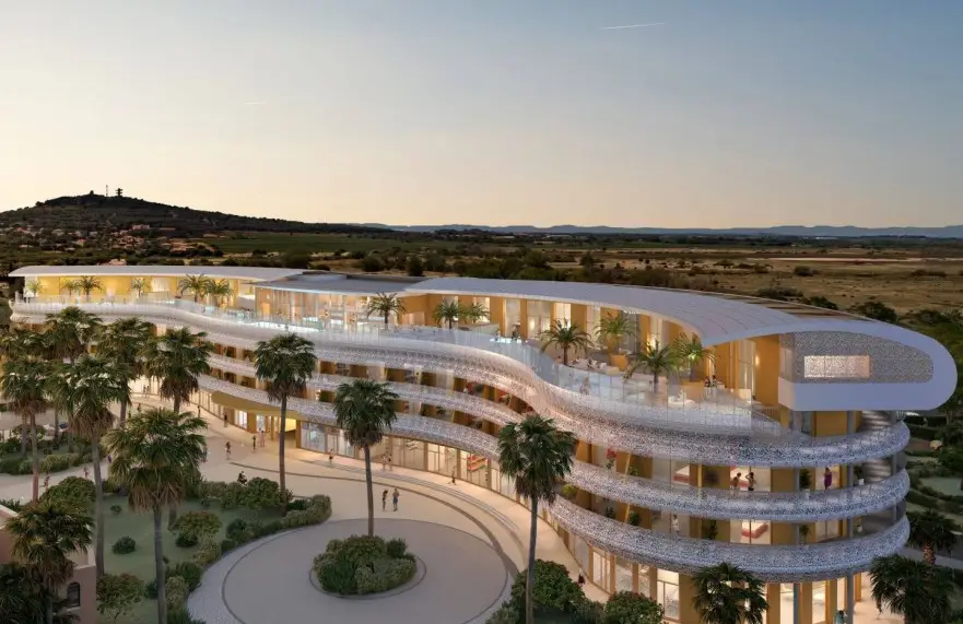 Aerial view of Vibes Resort Cap d’Agde, a modern luxury lifestyle resort in the French naturist village, popular for swinger travel and couples vacations