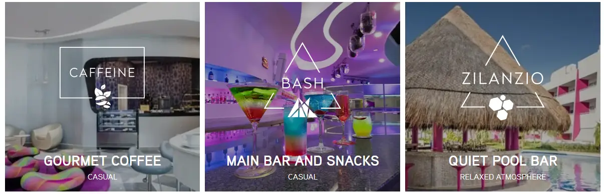 Temptation Cancun Resort bars Caffeine Bash and Zilanzio featuring coffee, cocktails, and poolside drinks