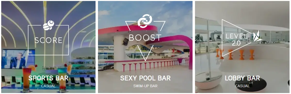 Temptation Cancun Resort bars Score Boost and Level 2 featuring a sports bar, swim-up bar, and lobby lounge