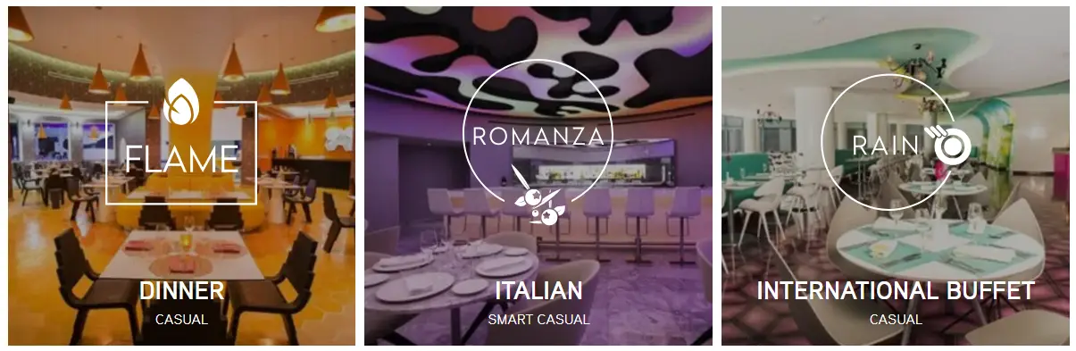 Temptation Cancun Resort Flame, Romanza, and Rain restaurants serving Italian, international, and casual dining