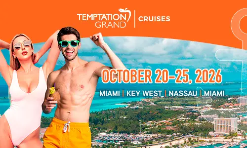 Promotional banner for the Temptation Lifestyle Cruise 2026 featuring fun-loving couples and tropical background with Miami, Key West, and Nassau itinerary
