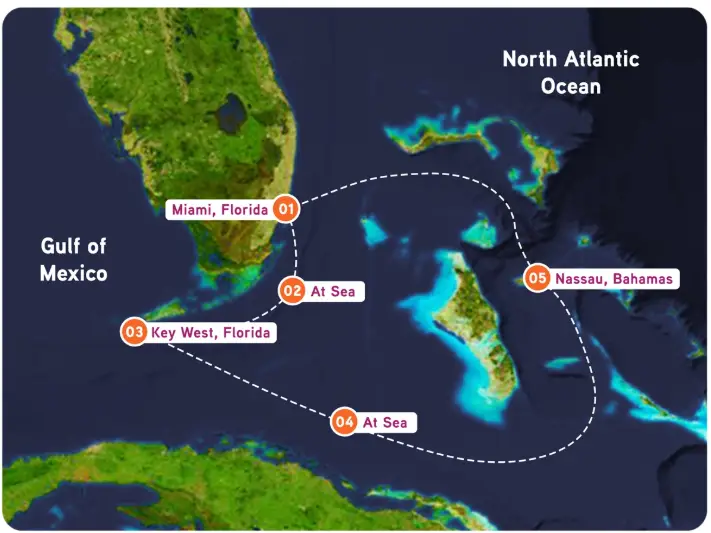 Map showing the route of the Temptation Lifestyle Cruise 2026 from Miami to Key West and Nassau with sea days in between