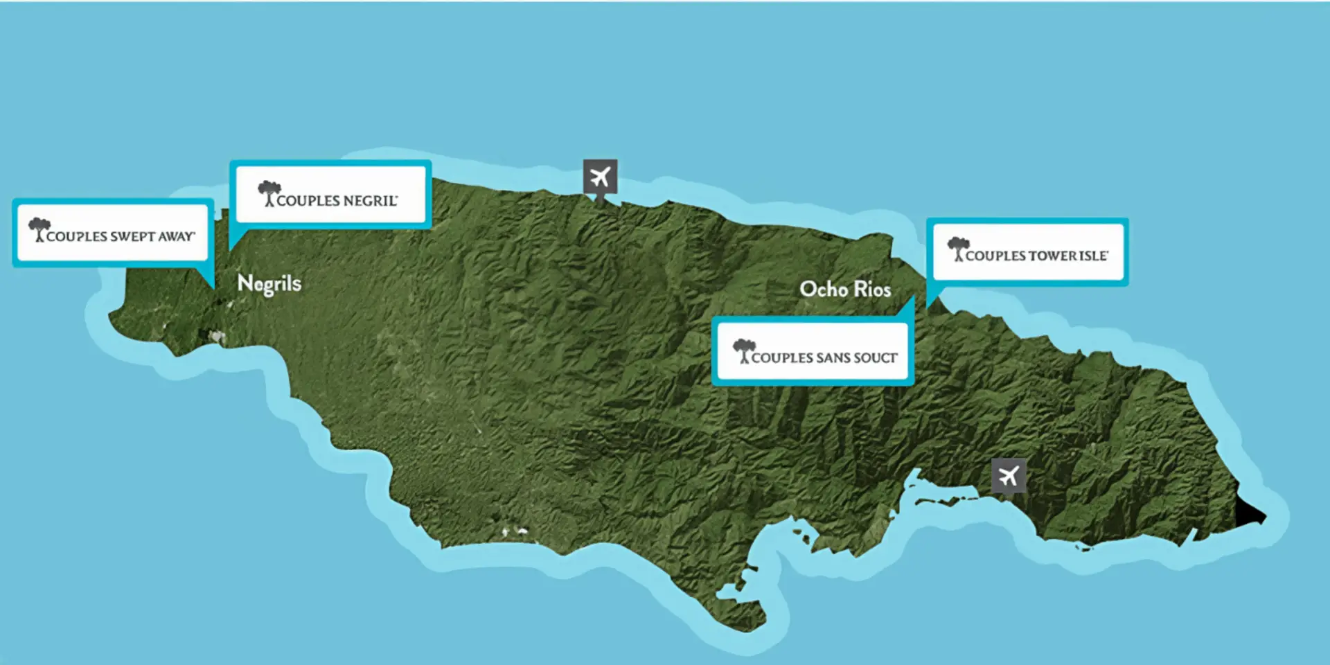 Map of Jamaica with the couples resort locations and airports marked