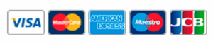 Logos of accepted payment methods including Visa, Mastercard, American Express, Maestro, and JCB.